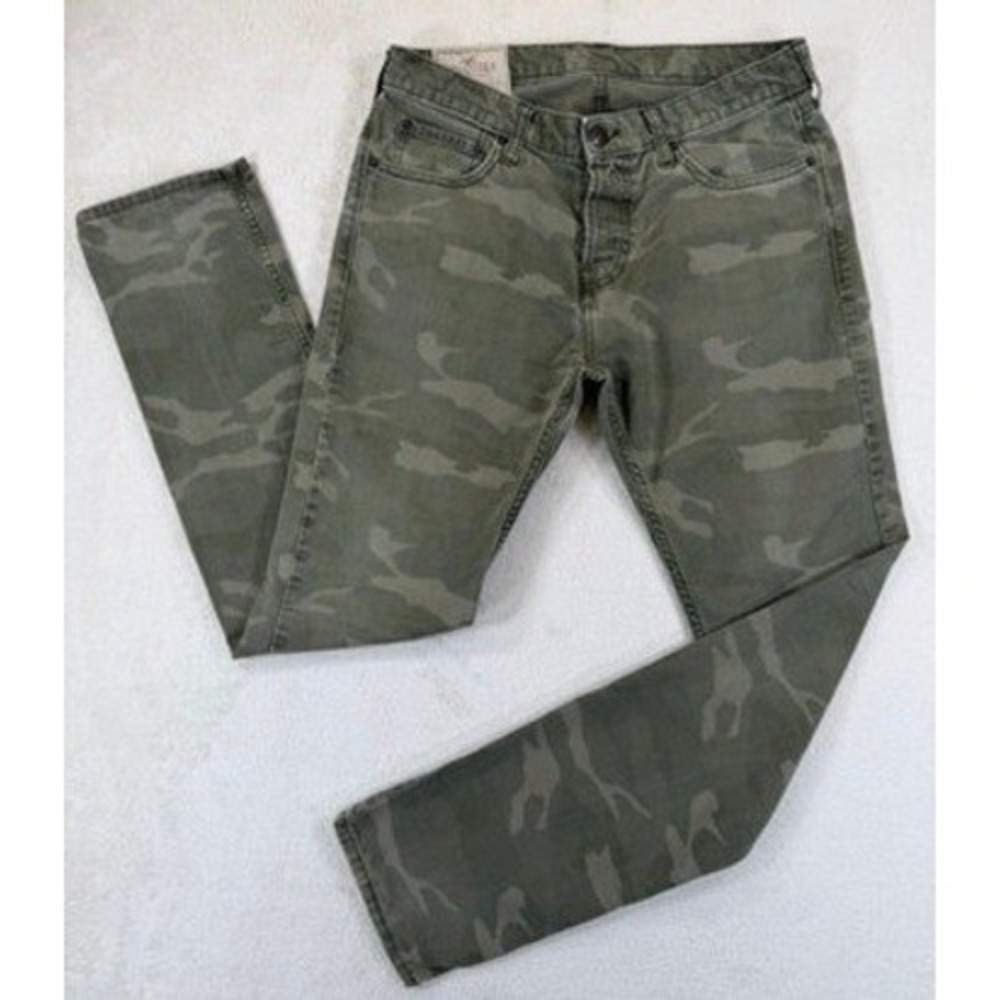 Hollister Mens Camo Straight Leg Pants Green Camouflage Button Fly 32x32